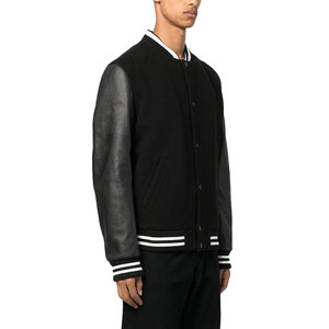 Rhinestones Men's Black Varsity <b>Jacket</b> Genuine <b>Leather</b> Sleeves White Trim Collar Regular Fit Casual <b>Winter</b> Waterproof Reversible - Product Image 3