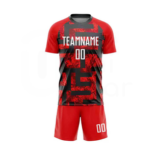 ชุดฟุตบอลชาย สีแดงดำ เสื้อซับลิเมชั่น กางเกงขาสั้น ระบายเหงื่อได้ดี คอกลม แขนสั้น ทรงสปอร์ต - Product Image 1