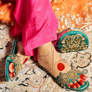 Handcrafted <b>Blended</b> Comfort Traditional Satin & Diamond Upper Printed Genuine Leather Outsole Anti-Slippery Women's Slides - Product Image 3