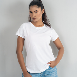 T-shirt décontracté d'été pour femme, manches courtes, col rond, 100% coton peigné jersey, logo personnalisé imprimé en sérigraphie, coupe classique - Product Image 1