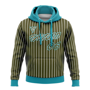 Haut de course à capuche pour homme, nouveau design, vert olive à fines rayures, avec accents turquoise et impression graphique numéro de joueur, le plus vendu - Product Image 1
