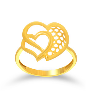 Bague de luxe dorée à double cœur pour femme, design romantique de cœurs entrelacés avec motif ajouré complexe en nid d'abeille - Product Image 1