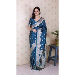 Sari en soie douce Banarasi bleu avec broderie Zari argentée, vêtements indiens et pakistanais, Elite Weaves 650g - Product Image 6