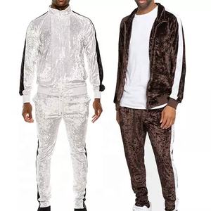 Ensemble de jogging en velours 2 pièces, fermeture éclair, bloc de couleurs confortable, bande latérale, Slim Fit, survêtement pour homme - Product Image 1