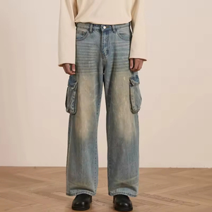 Nouveau Jean Cargo Homme Taille Haute 2026 en Denim Délavé Coupe Ample Jambe Large avec Grandes Poches Latérales Style Automne - Product Image 2