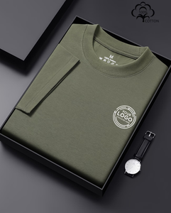 Men's Olive Green 100% Cotton Turtleneck Short Sleeve T-Shirt Silk Screen Printed Custom Front Logo Formal Regular Fit - Product Image 1