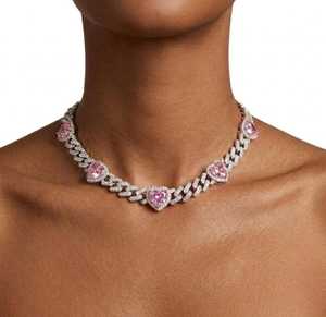 Pink Heart Cuban Link Necklace Iced Out <b>Silver</b> <b>Choker</b> Statement Pave Jewelry Handmade Bulk Product - Product Image 4
