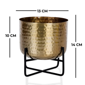 Pot en verre martelé en métal (pot doré avec support rond noir) pour plantes de table, décoration de la maison et du bureau - Product Image 3