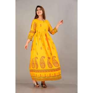Traje Salwar Amarillo con Estampado Paisley de Algodón, Manga Tres Cuartos, Secado Rápido, Estilo Moderno, Largo hasta el Suelo, Corte en A, para Mujer, al por Mayor - Product Image 4