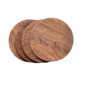 Premium Wooden Coasters <b>Set</b> Of <b>4</b> Laser Engraved Mountain Drink Coaster Rustic <b>Round</b> Wood Cup Pad Mat <b>For</b> Office Home Decor - Product Image 1