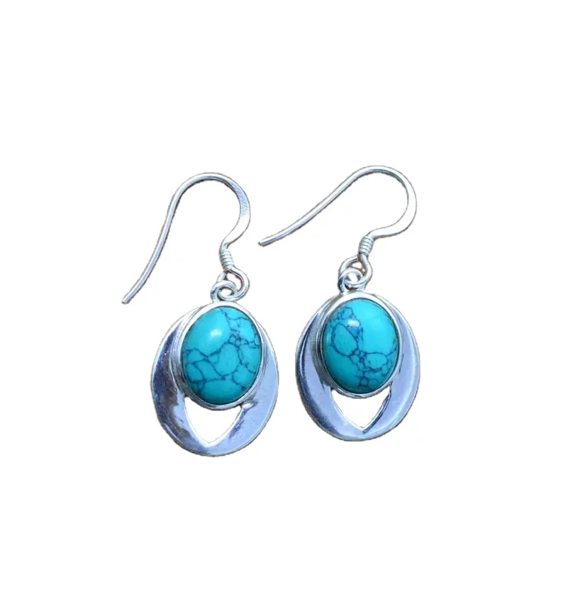 Tự nhiên màu xanh turquoise mịn hình bầu dục hình dạng Ấn Độ đá quý bông tai 925 sterling bạc móc Handmade dangle bán buôn