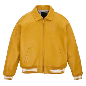 Men's <b>Yellow</b> Pu Leather <b>Jacket</b> Turn-down Collar Zipper Front Casual Autumn Wear Regular Fit Solid Color - Product Image 1