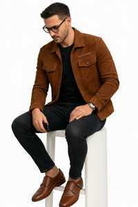 ONETEN <b>Men</b> Brown <b>Suede</b> <b>Jacket</b> Turn Down Collar Button Front Chest Pockets Casual Autumn Coat - Product Image 3