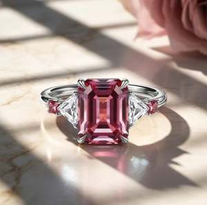 Anillo de Compromiso de Moissanita Rosa con Corte Esmeralda, Chapado en Oro Rosa, Plata de Ley 925, Anillo para Fiesta de Bodas - Product Image 4