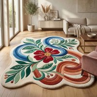 Tapis moderne à motifs floraux, tapis en laine botanique irrégulier, tapis décoratif coloré à fleurs et feuilles en peluche pour salon, chambre à coucher, maison