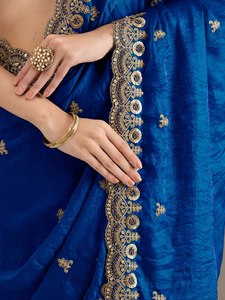 Sari en soie bleue brodé traditionnel pour femme, ensemble anti-humidité et infroissable pour mariage et fête - Product Image 6