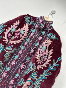 Elegant Burgundy <b>Velvet</b> Embroidered Suzani <b>Jacket</b> With Floral Pattern Full Sleeve Stand Collar Winter <b>Women's</b> Outerwear - Product Image 6