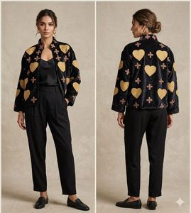 Chaqueta Acolchada de Terciopelo para Mujer, Cuello Mandarín, Estilo Y2K, Apliques Florales de Corazón, Manga Tres Cuartos, Chaqueta Corta de Invierno de Algodón - Product Image 6