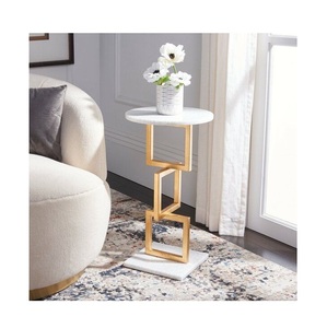 <b>Round</b> White Marble <b>Side</b> <b>Table</b> with <b>Gold</b> Interlocking Square Chain Base Geometric Martini Accent <b>Table</b> with Square Marble Base - Product Image 4