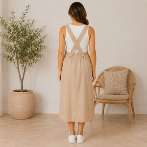 Robe de maternité sans manches pour femme, style salopette, coupe trapèze mi-mollet, en lin et coton, respirante, coupe ample, couleur naturelle, idéale pour l'été - Product Image 4