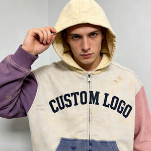 เสื้อฮู้ดดี้ผู้ชายไซส์ใหญ่ ทรงครอป แต่งสีบล็อก ซิปหน้า ลุคทำสีซีดแบบ Distressed กระเป๋าหน้าตัดกัน  โลโก้สั่งทำได้ สไตล์ลำลองแนวสตรีทแวร์ - Product Image 3