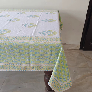 Mantel Rectangular Estilo Moderno de Casa de Campo India para Bodas, Verde Claro con Detalles Azules, Hecho a Mano, Personalizable, 100% Algodón - Product Image 1