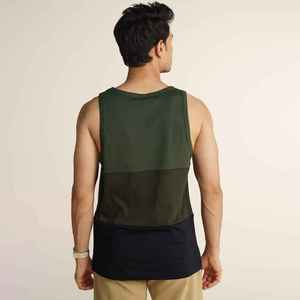 Men's Color Blocked Sleeveless Tank <b>Top</b> O-Neck Knitted Breathable Casual Wear Green Navy Beige Pants Set - Product Image 5