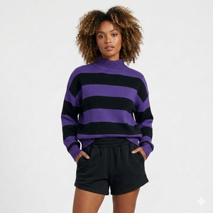 Conjunto de 2 Piezas para Mujer, Sudadera con Cuello Alto a Rayas y Pantalones Cortos con Cordón, Ropa Casual Holgada de Poliéster/Algodón - Product Image 6