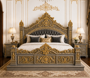 Juego de Dormitorio de Estilo Europeo Tallado a Mano de Primera Calidad para Villa y Hotel, Cama King Size con Cabecero Acolchado, Mesitas de Noche, Muebles de Madera de Teca de Estilo Antiguo - Product Image 4