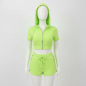 <b>Top</b> Selling Customized 100% Cotton Terry Half Sleeve Zip Up Crop Hoodie & Zipper Pockets Shorts Side Two Piece Sets For Girl's - Product Image 2