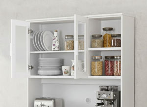 Mueble de Cocina Moderno Estilo Americano Ecológico K409, Acabado en Roble Blanco y Mármol Gris, 2+3 Puertas Acrílicas, 1 Cajón - Product Image 2