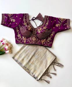 Sari de seda suave con tejido jacquard de diseño, adornado con cuentas y bordados, y blusa de satén Fandy completamente cosida. - Product Image 4