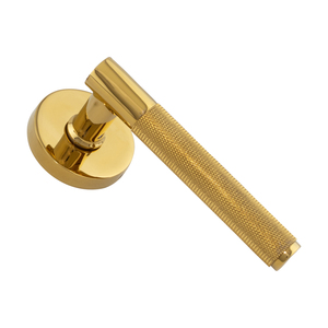 Juego de manillas modernas de latón macizo moleteado para puerta, con rosa redonda, acabado PVD en oro, oro rosa, acero inoxidable mate, AB mate negro, y juego de cerradura de palanca interior. - Product Image 6