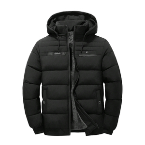 Premium Men's Winter Puffer <b>Jacket</b> Hooded Thick <b>Fleece</b> <b>Lined</b> Windproof Casual Style Black Polyester Wadding Zipper Closure - Product Image 1