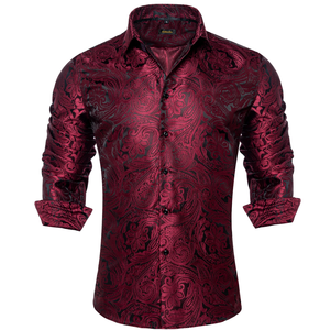 Chemises en polyester rouge uni à motifs paisley pour hommes, chemise habillée à manches longues pour mariage, bal de promo, vêtements de luxe pour hommes - Product Image 2