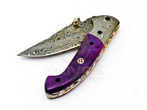 Couteau pliant artisanal en acier Damas avec manche en os coloré – Couteau de poche EDC avec mosaïque de clous - Product Image 2