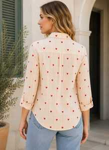 Women's 100% Cotton Woven ODM <b>Heart</b> Print Striped Button Down Long Sleeve Casual Office Shirt All Seasons - Product Image 3