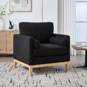 Poltrona Singola Moderna Stile Fattoria da 90 cm con Gambe in Legno Naturale e Base in Legno per Lettura nel Soggiorno - Product Image 1