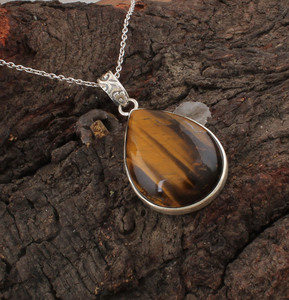 Pendentif en œil de tigre vintage plaqué platine en argent sterling 925 véritable, pierre précieuse naturelle jaune-brun, charme unisexe, bijoux - Product Image 4