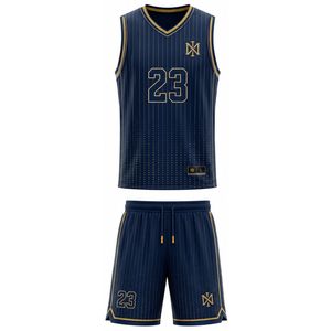 Conjunto de Uniforme de Baloncesto Nexus, Cuello en V, Sin Mangas, Sublimado, al por Mayor, Absorbente de Humedad, Uniforme Deportivo para Adultos, 23, Rayas Azul Marino y Dorado - Product Image 1