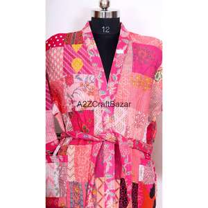 Robe kimono légère pour femme 100 % coton, col en V, manches trois-quarts, imprimé floral, douce, respirante, avec cordon de serrage, idéale pour les vacances - Product Image 4