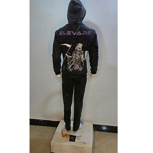 High Quality Breathable Lightweight Winter Casual Solid Hooded Rhinestone Acid Wash <b>Flare</b> Sweatpants Zip 2 Piece Set 100% Cotton - Product Image 2