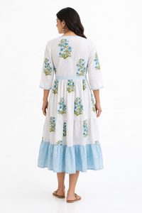 Boho Floral Print Cotton Kali Dress for Women - Long Sleeve Ethnic Midi with Tassels & Jaipuri Hand Block Panel Work Designs - Product Image 2