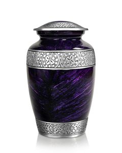 Urne funéraire élégante, silhouette incurvée, finition laquée haute brillance, tourbillons riches de violet noir, bordure décorative argentée complexe. - Product Image 2