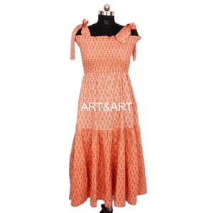 Robe mi-longue respirante 100% coton à imprimé floral tissé avec impression numérique fermeture à cordes à col profond pour l'été - Product Image 1