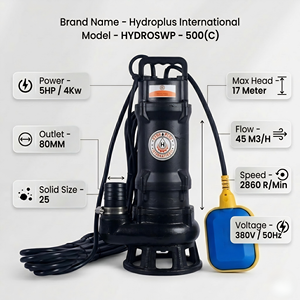 Pompe de drainage des eaux usées Hydroplus International 5HP, robuste, pour transfert de déchets, industrielle, 380V, débit élevé 45 m³/h, hauteur de refoulement 17 m - Product Image 2