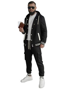 New Men's Casual Sporty Hooded Baseball Jacket Cardigan Long-Sleeve Quick Dry Striped Work Pocket Long Pants Set 100% Cotton - Product Image 5