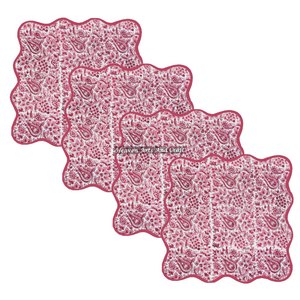 Indian Cotton Hand Block Print Floral Table Scallop Napkin Set Customizable Square Embroidered Scallops Mix Match Indian Floral - Product Image 4