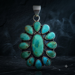 Collier pendentif vintage en argent sterling 925 avec turquoise, incrustation florale ethnique, serti clos, bijoux pour femme - Product Image 1