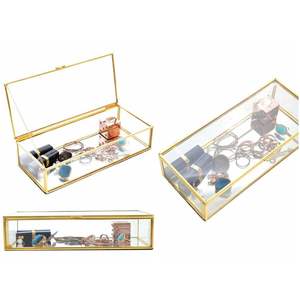 Boîte à bijoux moderne en métal doré et verre avec séparateurs |   Organisateur de montres transparent multi-compartiments |   Boîte de rangement cosmétique de bureau - Product Image 5
